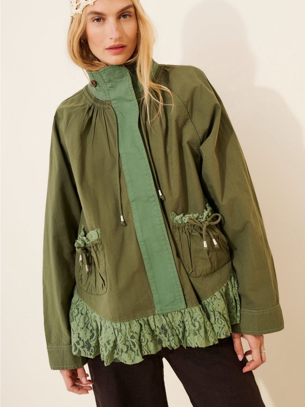 Free People Olive Green Lace-Trim Utility Jacket